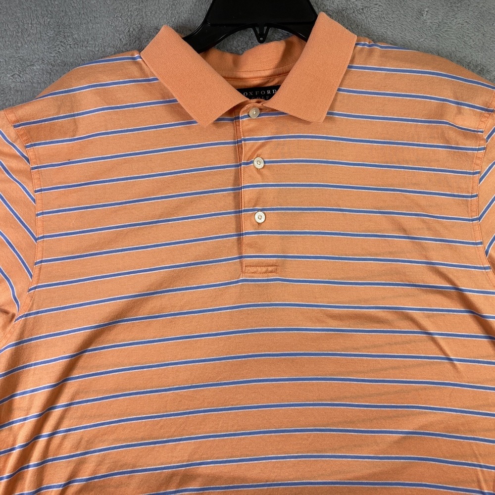 Oxford Golf Polo Shirt Men Large Orange Blue Striped Short Sleeve Casual Cotton